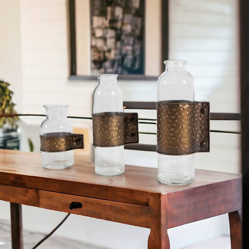 HomeRoots Set of Three 9" Clear Glass Cylinder Table Vases with Metal Wraps - 4