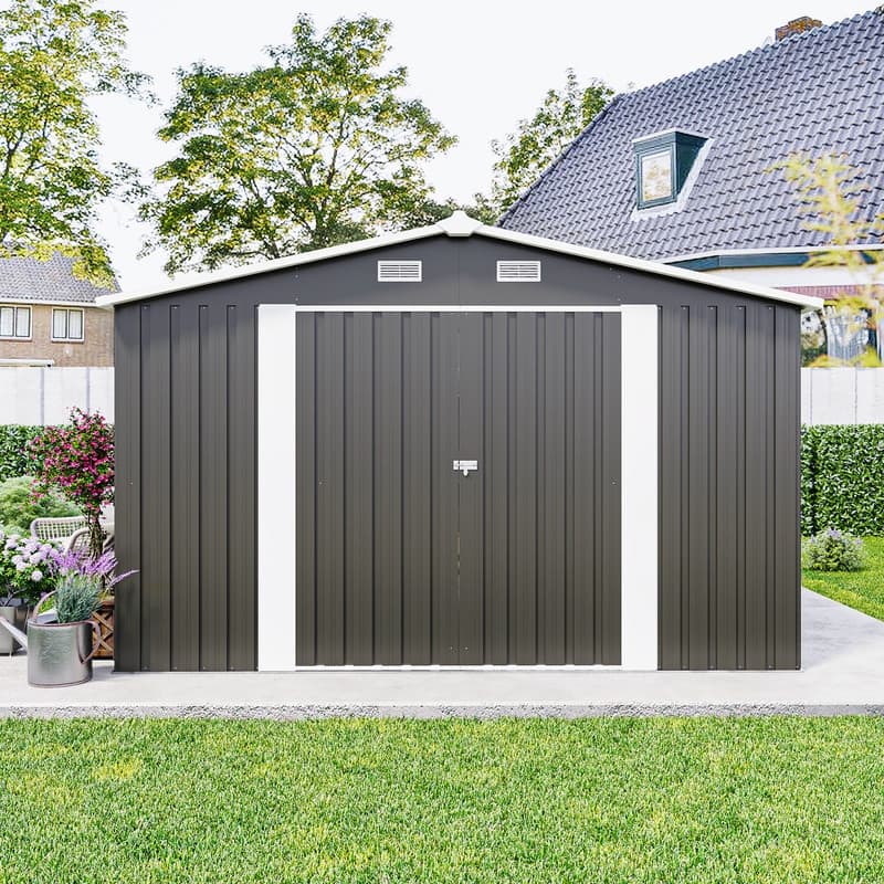 Outdoor Storage Shed - 10×14 FT Dimensions, Triple Lockable Doors, Metal Frame Construction, 4 Ventilation Openings.