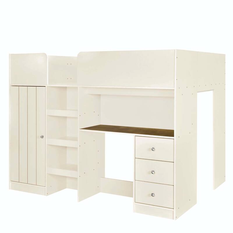 Wood Full Size Loft Bed with Built-in Wardrobe, Desk, Storage Shelves and Drawers
