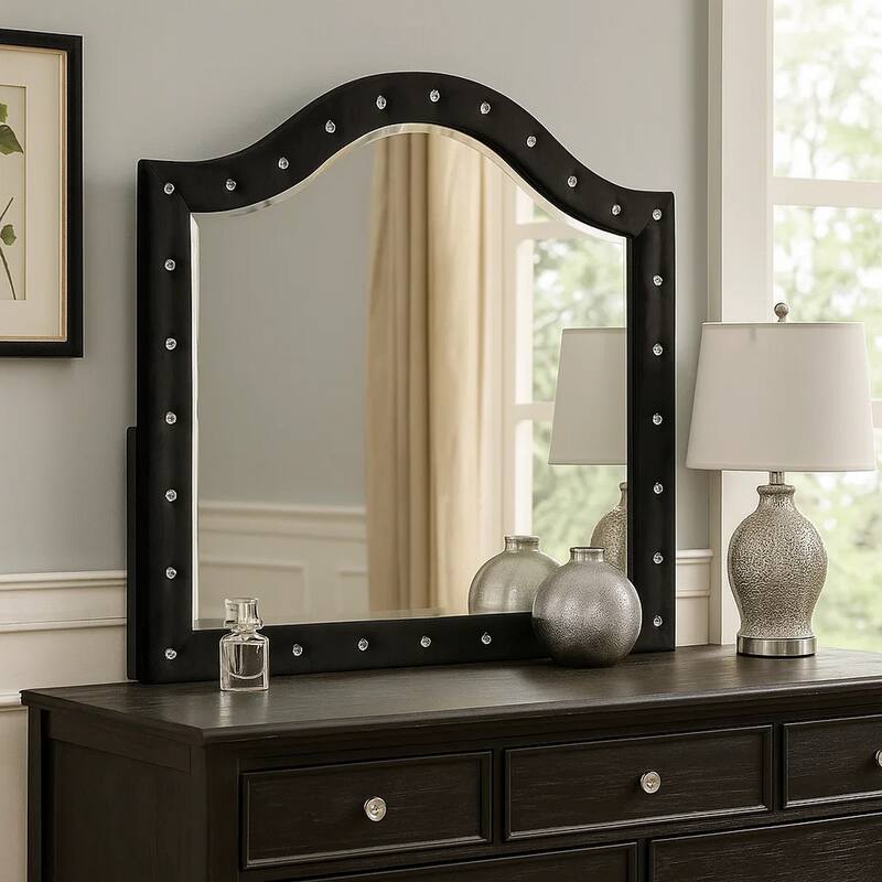 Rea Dresser Vanity Mirror, Crystal Tufted Black Velvet Upholstered Arched Frame