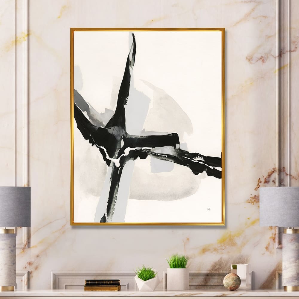 Designart "Abstract Neutral I" Mid-Century Modern Framed Canvas - Black