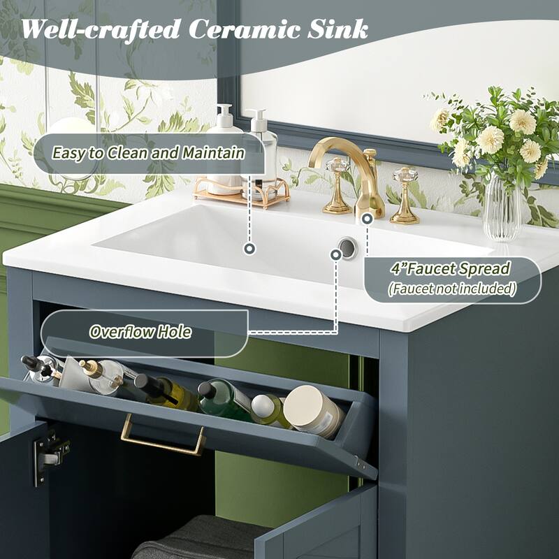 24'' Freestanding Bathroom Vanity with White Integrated Ceramic Sink - 24'' x 18.3'' x 34.5''