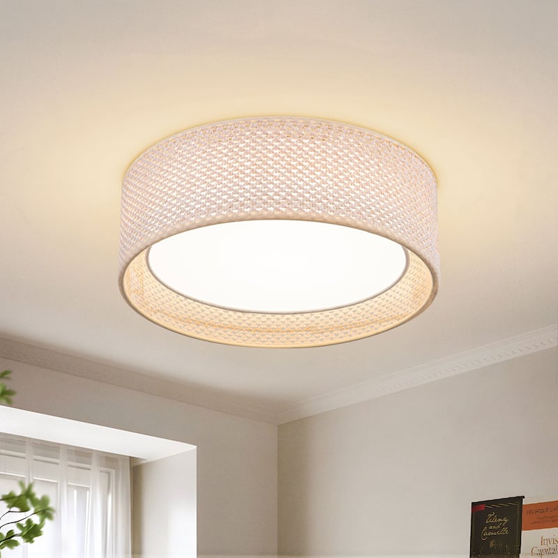 Hand-Woven Rattan Drum Flush Mount Ceiling Light