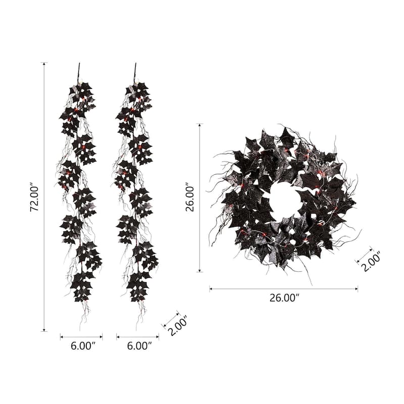 Glitzhome LED Lighted Halloween Bat Garland Wreath Wall Hanging Decor