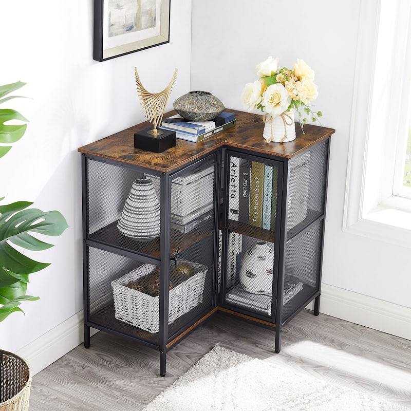 L-shaped Corner Cabinet with Doors and Storage Shelves, Free-Standing 3-tier End Table