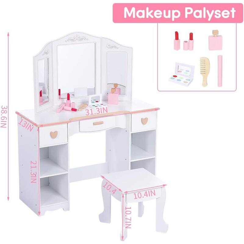 Kids Princess Luxury Vanity Dressing Table and Stool Set for Girls Best Gift, White
