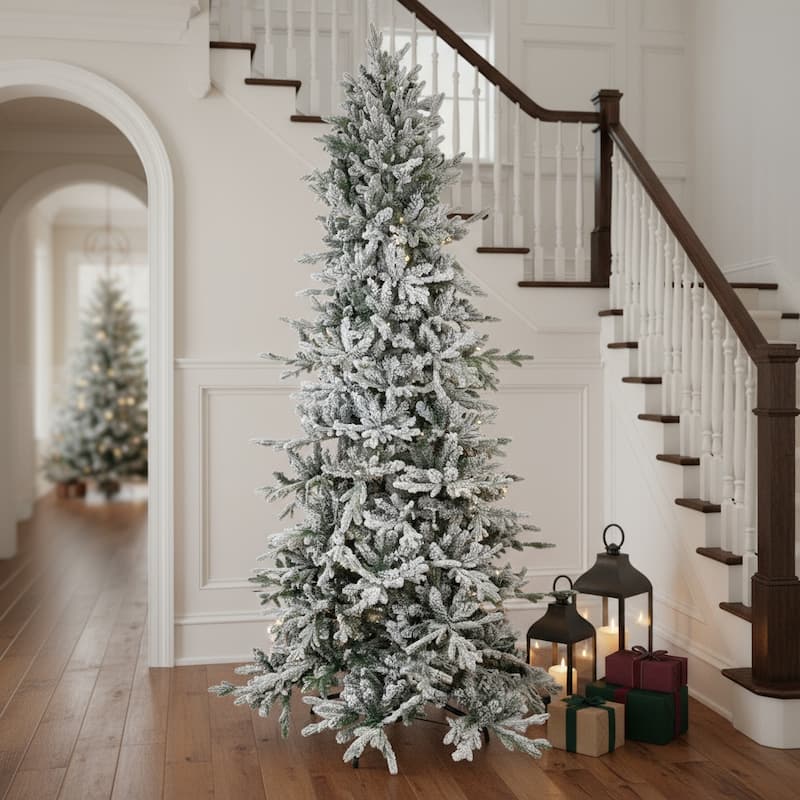 HomeRoots 8' Slender Flocked Pine Christmas Tree - Green/White - 50.00 in. x 96.00 in. x 50.00 in. - Green/White - 8 Foot