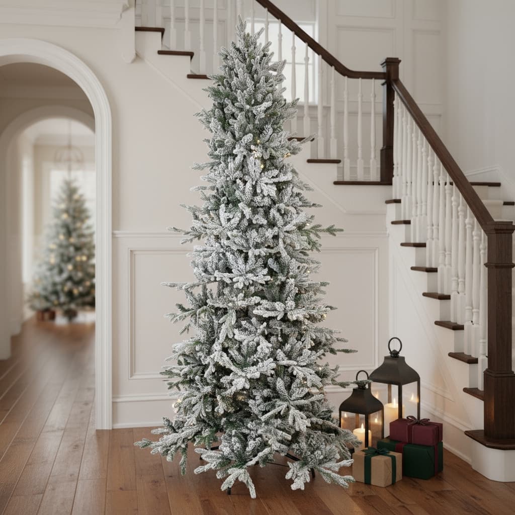 HomeRoots 8' Slender Flocked Pine Christmas Tree - Green/White - 50.00 in. x 96.00 in. x 50.00 in.