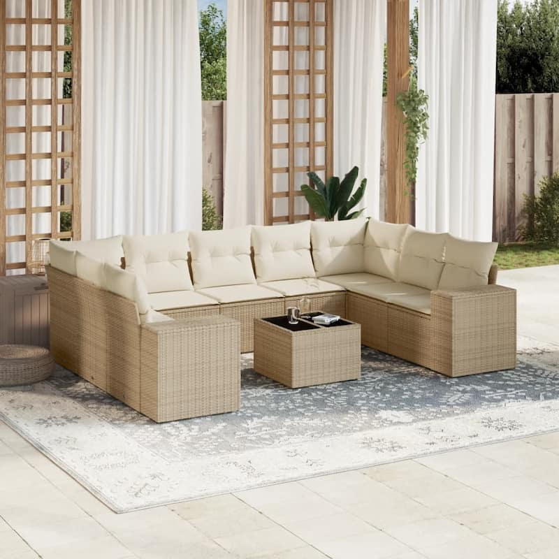 vidaXL Patio Sofa Set with Cushions Outdoor Conversation Furniture Poly Rattan - Beige and cream with table - 21.7 x 21.7 x 14.6 in