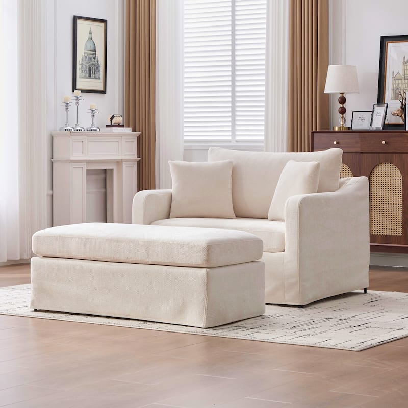 Morden Accent Chair with Ottoman, Chenille Living Room Side Chair, Single Sofa Armchair with Bolster Pillows
