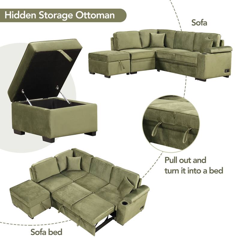 Sleeper Sofa Bed with Storage Ottoman, 2 in 1 Convertible Sectional Sofa Couch, Velvet 4-Seater Sofa with Cup Holder