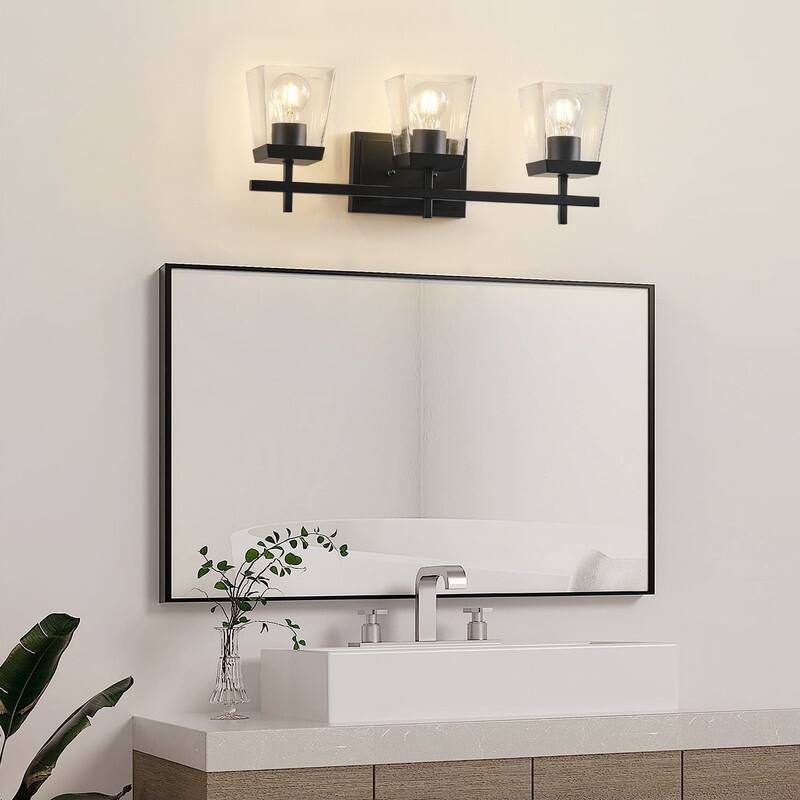 Industrial 3-Light Matte Black Vanity Light with Clear Glass Shades for Bathroom