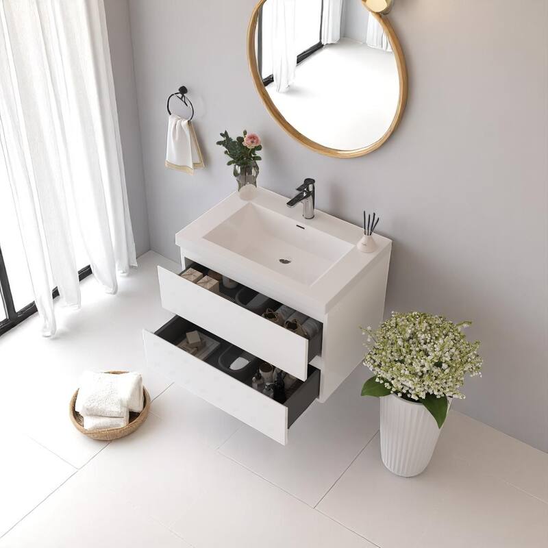 42" Wall-Mounted Bathroom Vanity with Glossy White Resin Sink - Modern Floating Bathroom Cabinet with Soft-Close Hinges