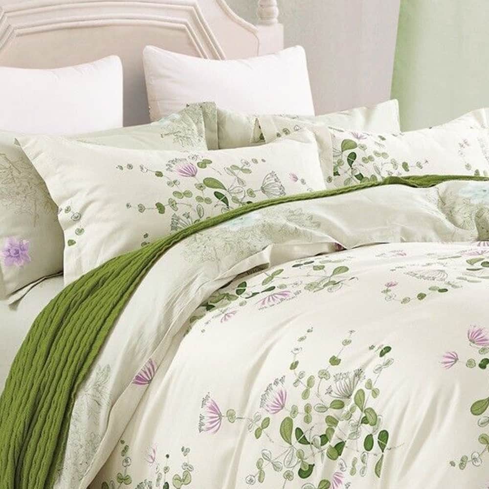 California King Graceful Print 100 Cotton Bedding Set White Green