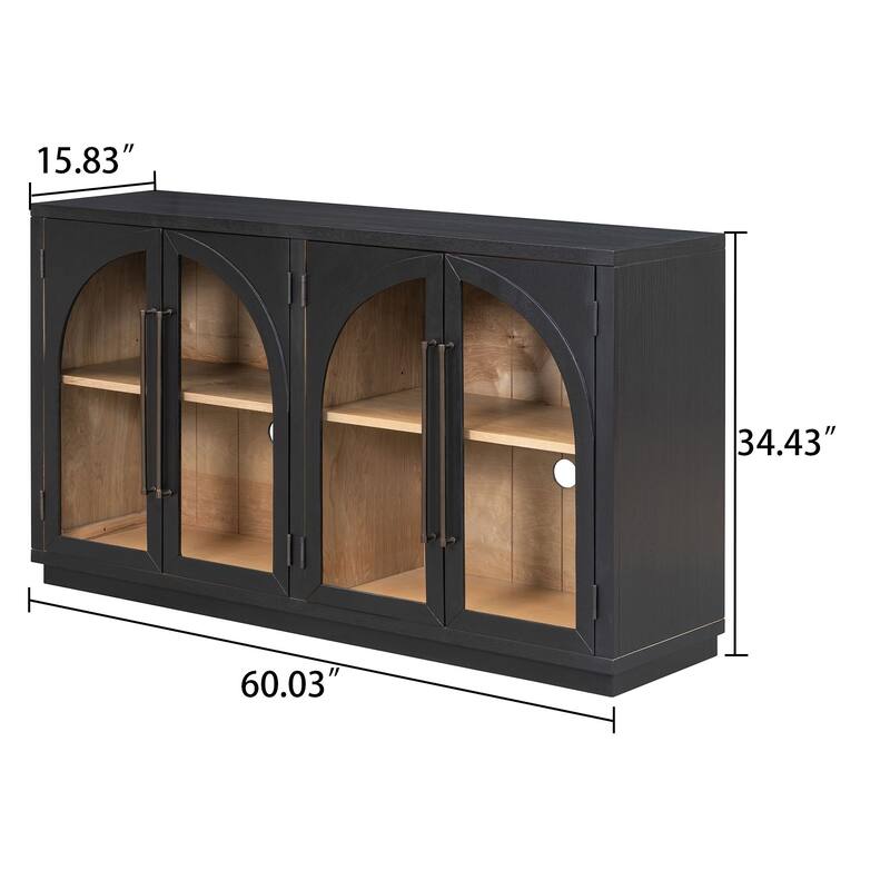 Retro Freestanding 4 Glass Door Wooden Sideboard Storage Buffet Cabinet
