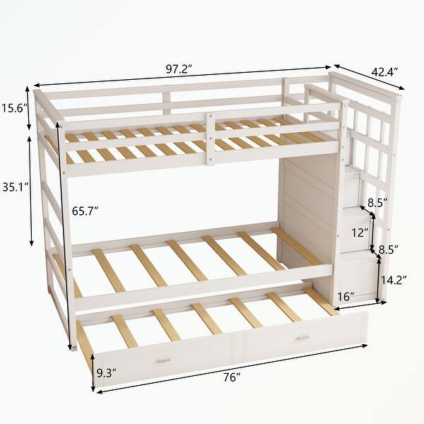 dimension image slide 1 of 2, Hardwood Twin Over Twin Bunk Bed with Trundle and Staircase