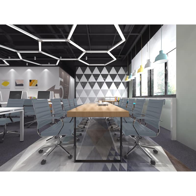 Black Office Chairs Mid Back Ribbed PU Leather Executive Task Work Conference With Arms Wheels Tilt Swivel Rolling