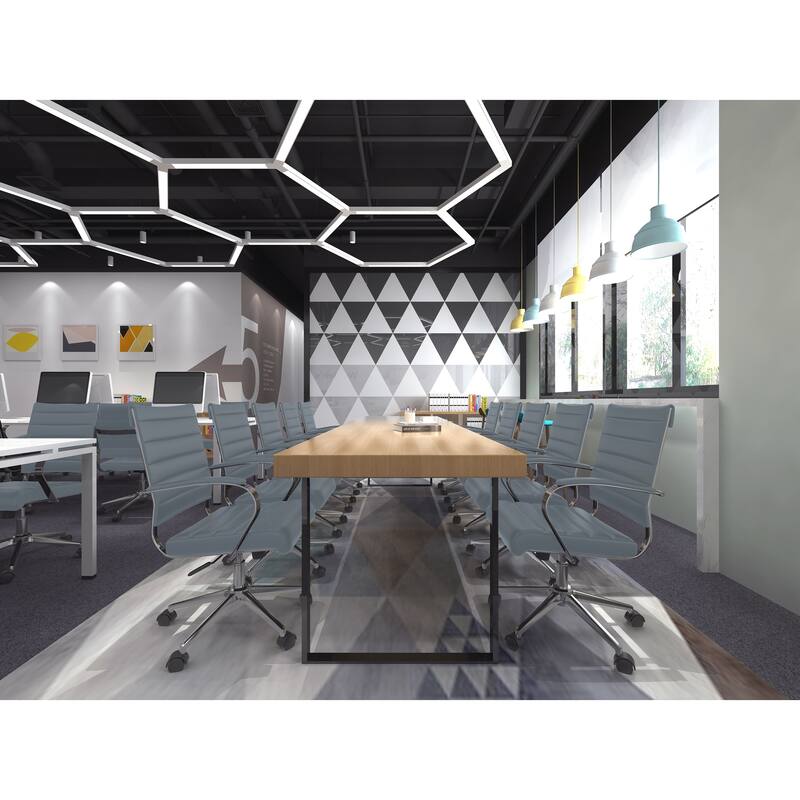 Gray Office Chairs Mid Back Ribbed PU Leather Black Executive Task Work Conference With Arms Wheels Tilt Swivel Rolling