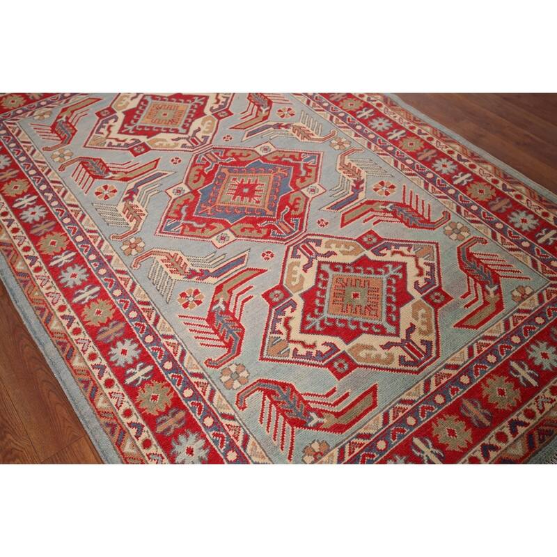 Hand Knotted Oriental 100% Wool Carpet Traditional Geometric Navy Blue & Blues Kazak Area Rug - 5' 10'' X 4' 0''
