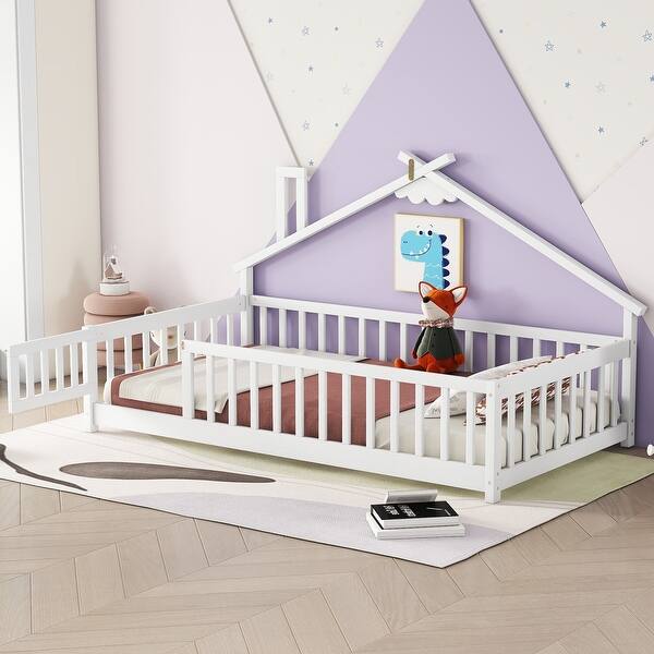 slide 2 of 12, White Twin Size Pine Wood House-Shaped Floor Bed with Guardrails White