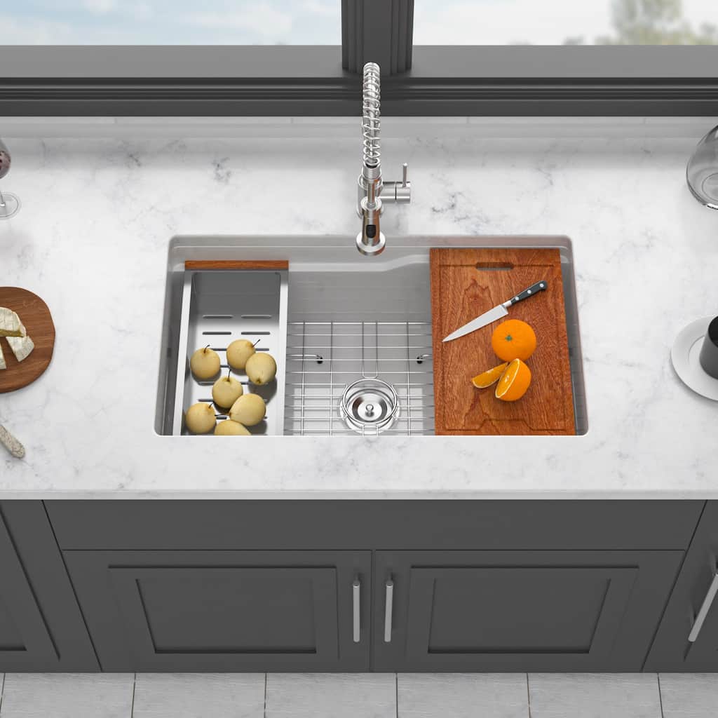 Undermount Workstation Single Bowl Porcelain Fireclay Kitchen Sink - Dual Mount White Fireclay Rectangular Deep Single Bowl