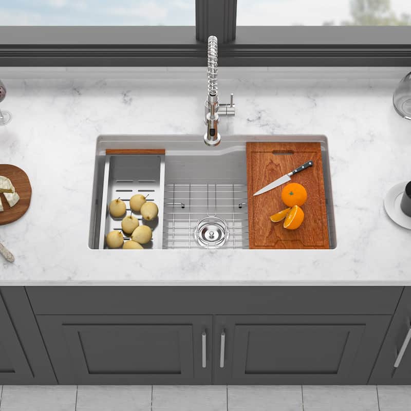 Undermount Workstation Single Bowl Porcelain Fireclay Kitchen Sink - Dual Mount White Fireclay Rectangular Deep Single Bowl - White