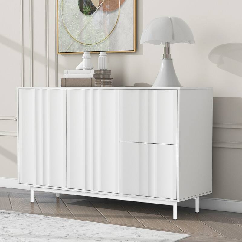 Wave Pattern Buffet Storage Cabinet with 2 Doors and 2 Drawers, Sideboard Cabinet Table with Adjustable Shelf - White