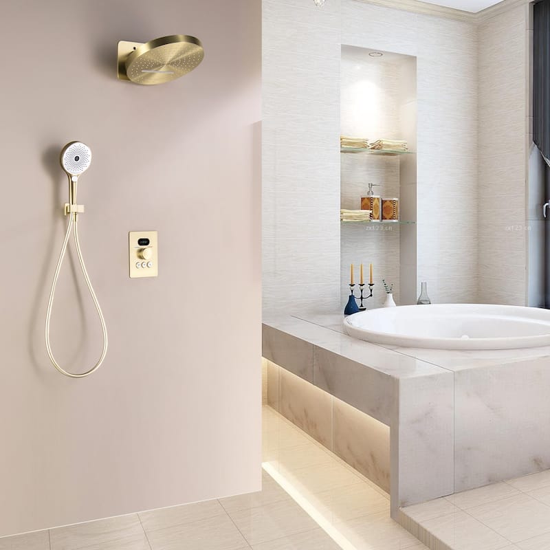 6-Way Wall Mounted 12.6'' Round Showerhead with High-pressure Handheld Showerhead in Black/Gold