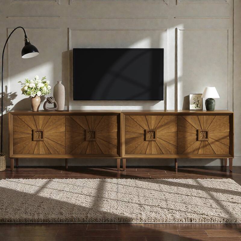 60'' Rustic American Farmhouse Credenza with Sunburst Doors, Antique Wood TV Stand with Adjustable Shelves
