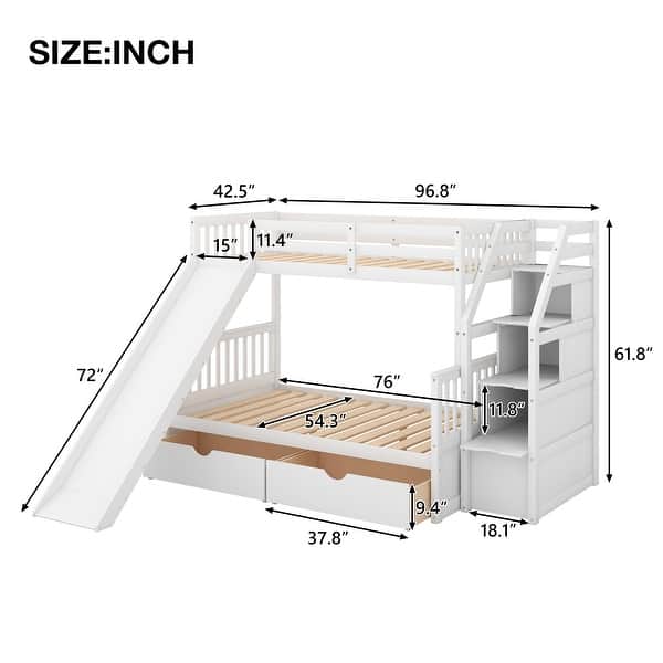 dimension image slide 1 of 2, Twin Over Full Bunk Bed with Storage Drawers & Guardrails, Multifunction Wood Bunk Bed with Stairs & Slide, Space-Saving Design