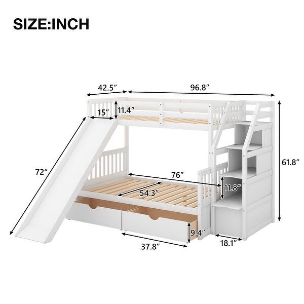 dimension image slide 0 of 2, Twin over Full Bunk Bed with Slide, Drawers & Storage, Space-Saving, Grey