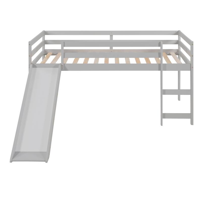 Multifunctional Twin Loft Bed with Slide, Gray Finish, Solid Pine Construction
