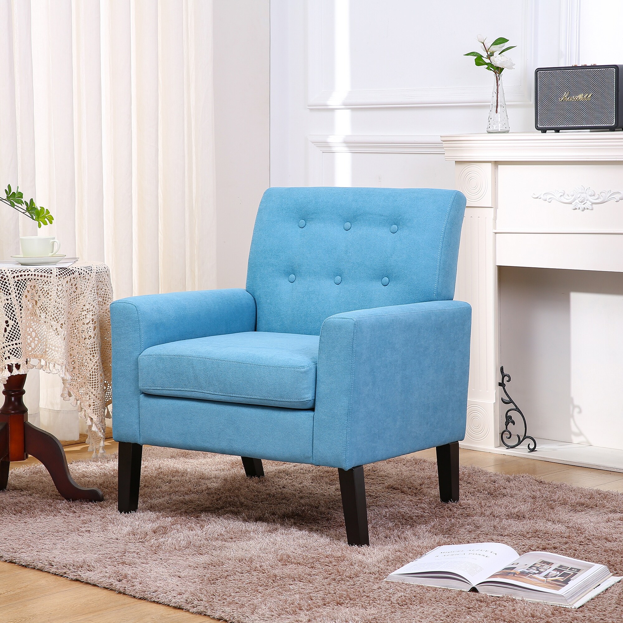 HOMCOM Small Button-Tufted Accent Chair Mid-Back Leisure Armchair with  Upholstered Fabric, Solid Wood Legs, and Support Pillow, Blue