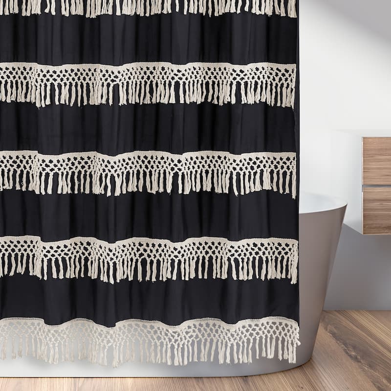 Sweet Jojo Designs Black Bohemian Boho Chic Bathroom Fabric Bath Shower Curtain Farmhouse Minimalist Macrame Ivory Tufted Fringe