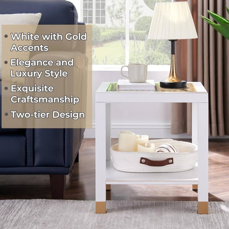 Glass End Table, Modern Style Side Table, Square Table for Living Room, Tempered Glass with Metal Frame, 2-Layer