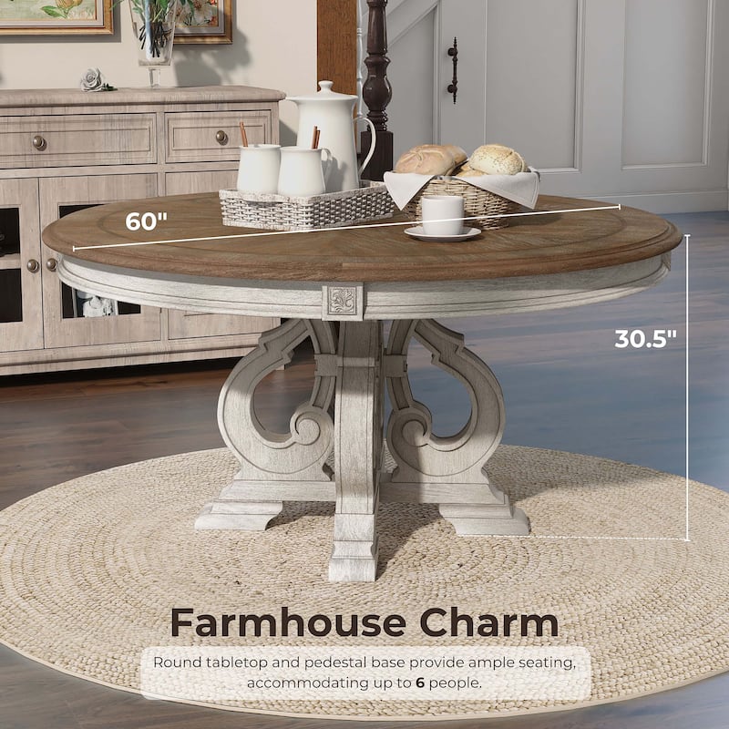 Caelum Farmhouse White Fabric Upholstered 7-Piece Round Dining Set By The Gray Barn