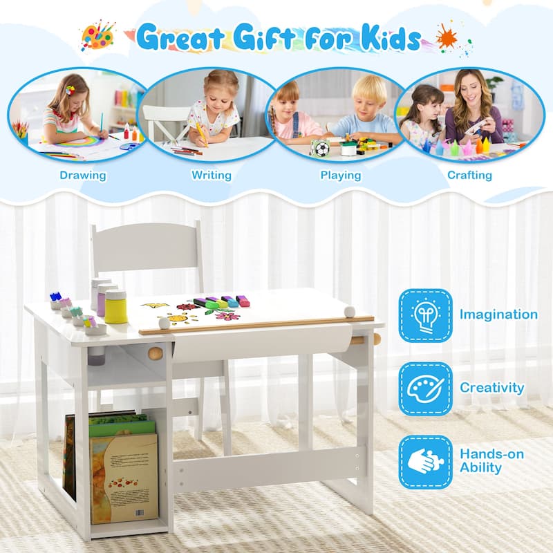 Gymax Kid's Art Table & Chair Set w/ Paper Roll 4 Paint Cups & 2