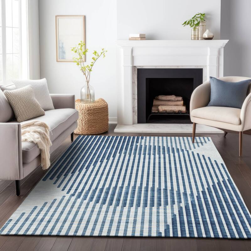 Machine Washable Indoor/ Outdoor Abstract Stripe Chantille Rug
