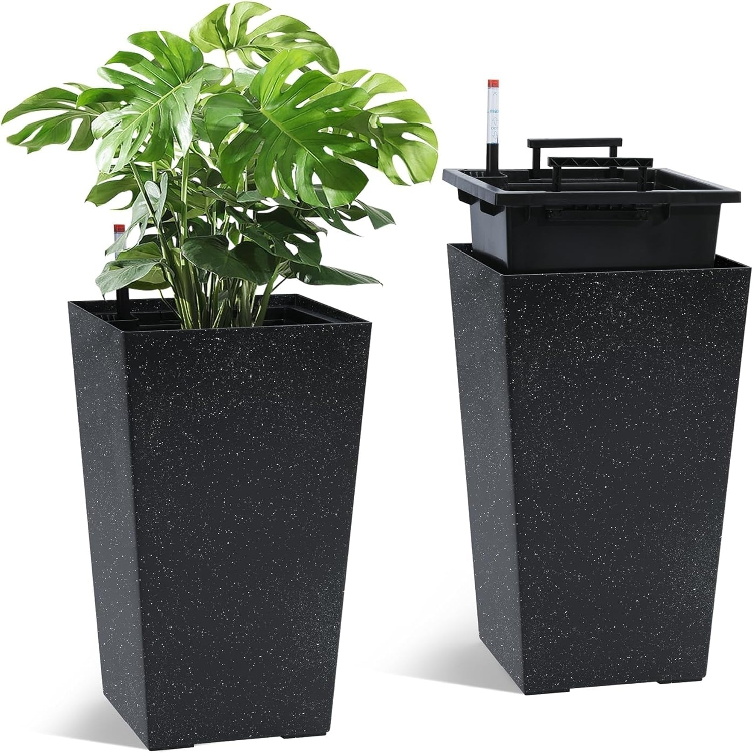 2-Pack 21.7-Inch Tall Planters with Drainage Holes Water Level Monitor and Inner Bucket Black