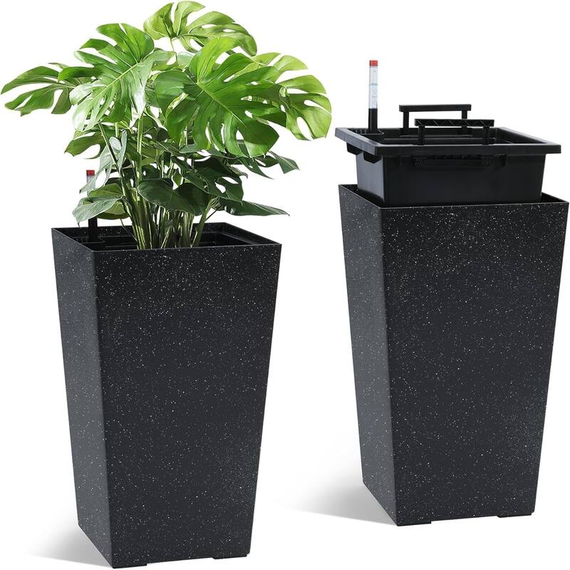 2-Pack 21.7-Inch Tall Planters with Drainage Holes Water Level Monitor and Inner Bucket Black - Black