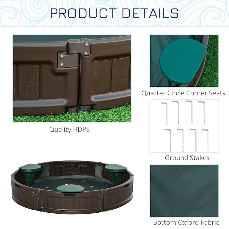 Outsunny Kids Sandbox with Cover and Seats, Round Sandbox for Ages 3-12, Brown - 48.5" x 48.5"x 8.25"