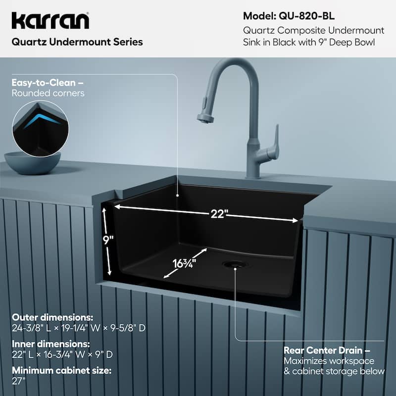 Karran Undermount 24.38 in Single Bowl Quartz Kitchen Sink
