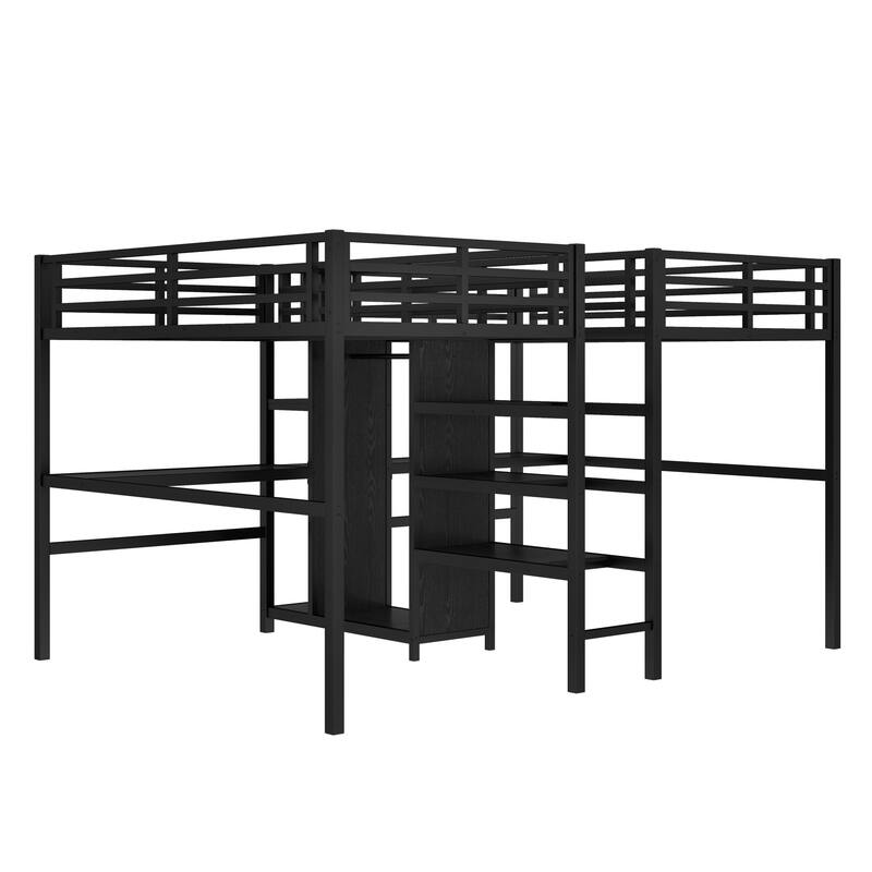 Black Twin Over Twin Loft Bed with Double Desk Wardrobe Shelves Power Outlet