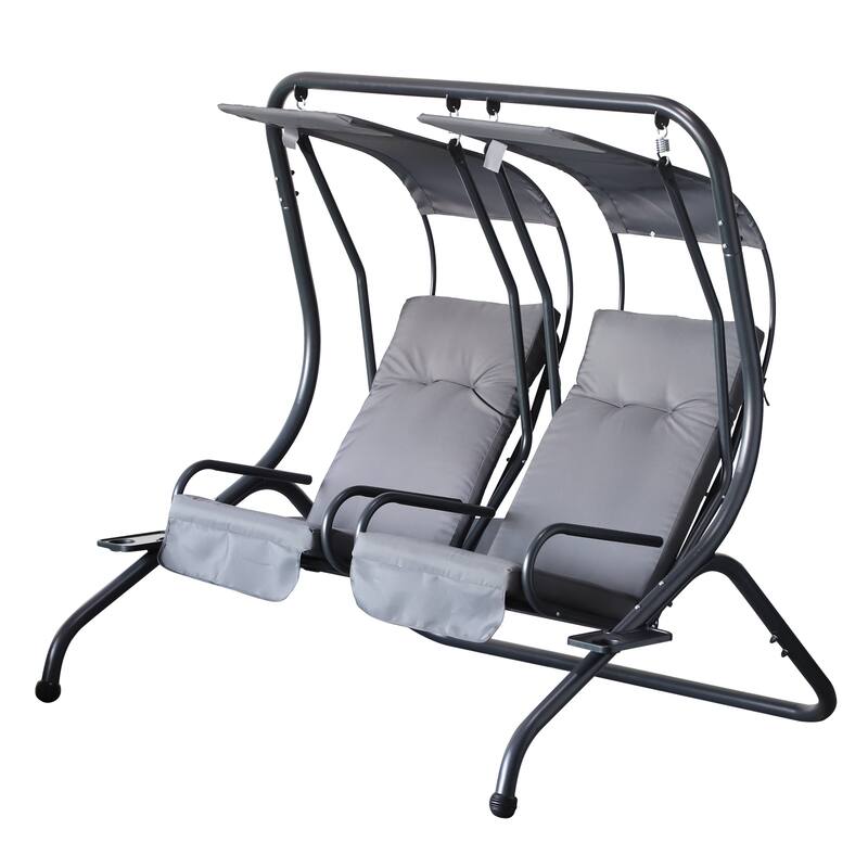 Outsunny Modern Outdoor Relax Chairs with 2 Separate Swinging Chairs, Safety Handrails, and Removable Shade Canopy, Grey - Grey