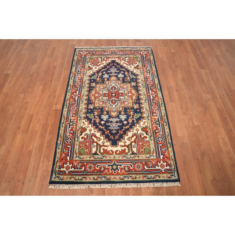Hand Knotted Oriental 100% Wool Carpet Traditional Medallion Navy Blue & Blues Heriz (serapi) Area Rug - 5' 1'' X 3' 0''