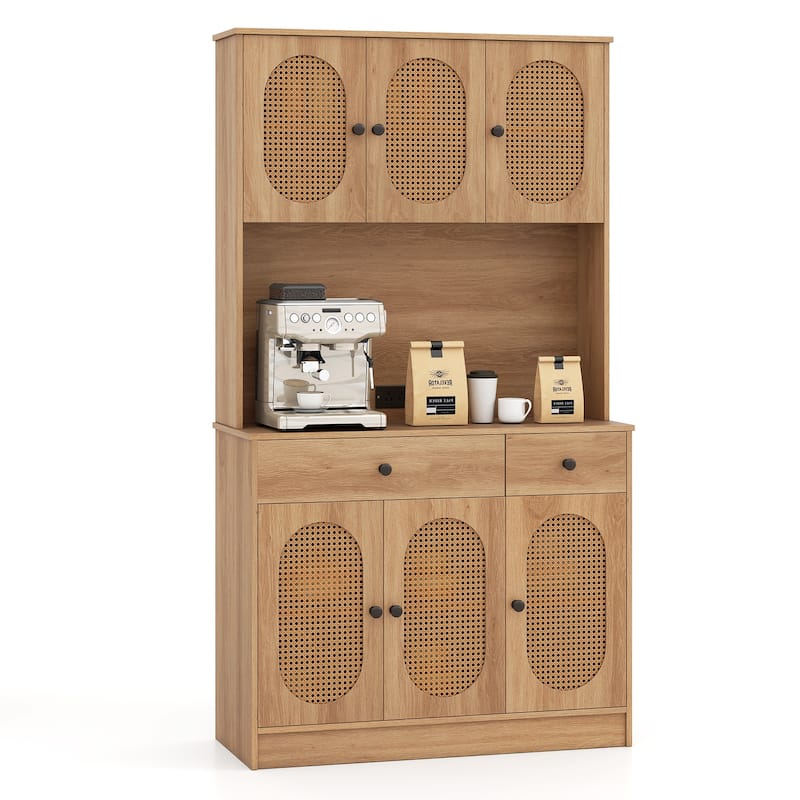 Natural Rattan Kitchen Pantry Cabinet with Hutch 71 Inch Buffet Storage Cabinet with Drawers Shelves - 39.5" × 16" × 71"