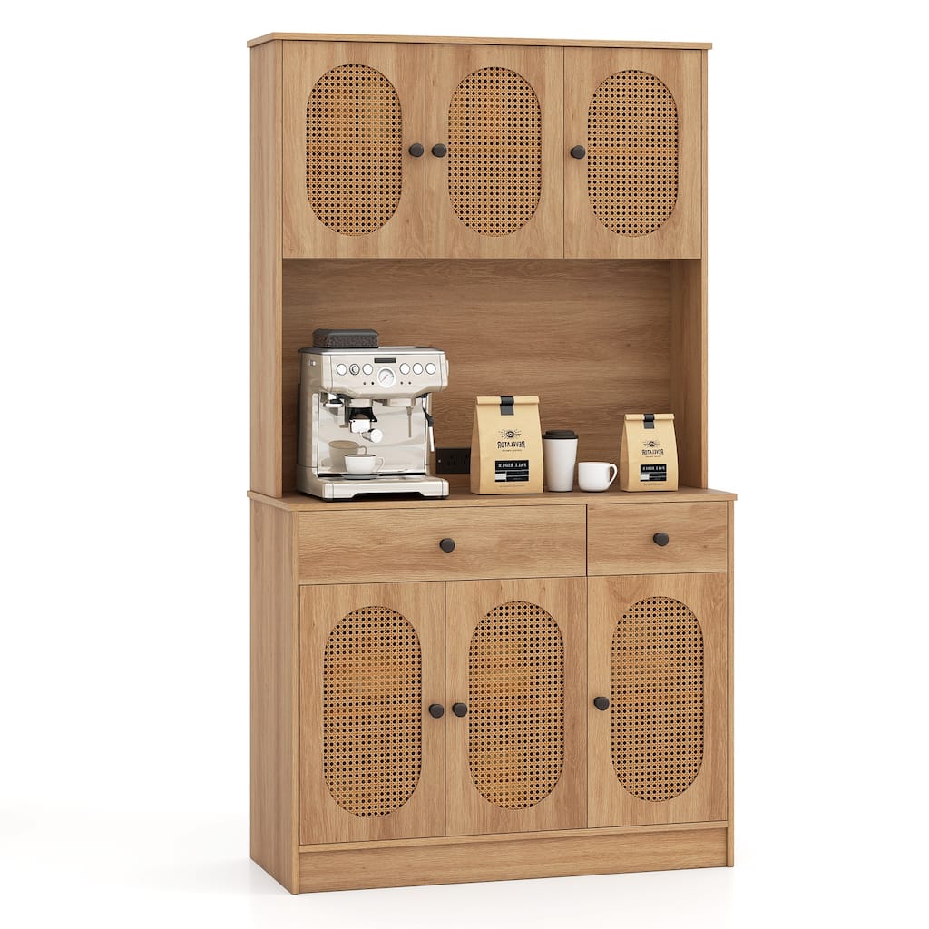Natural Rattan Kitchen Pantry Cabinet with Hutch 71 Inch Buffet Storage Cabinet with Drawers Shelves - 39.5" × 16" × 71"