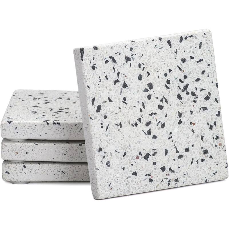 4 Pack White Natural Terrazzo Coasters with Protective Cork Backing 4" Square Attractive Absorbent Easily Wipes Clean - Multi
