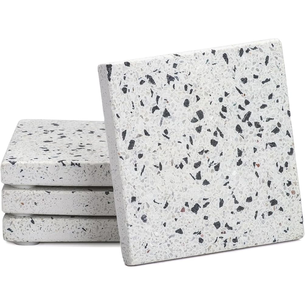 4 Pack White Natural Terrazzo Coasters with Protective Cork Backing 4" Square Attractive Absorbent Easily Wipes Clean