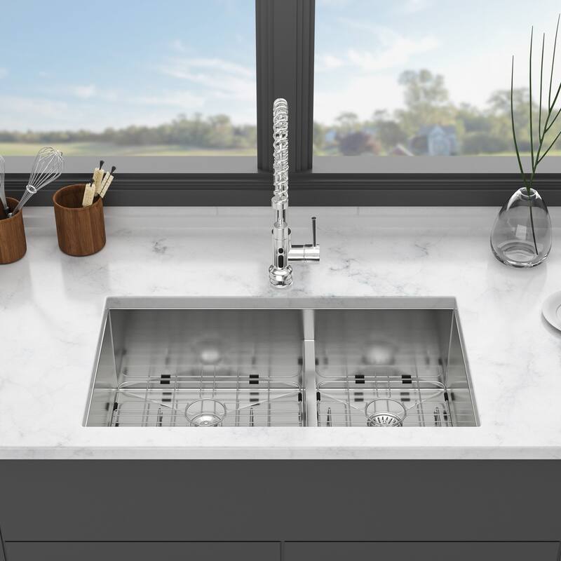 Undermount Double Bowl(60/40) Kitchen Sink - 16 Gauge with Two 10" Deep Basin